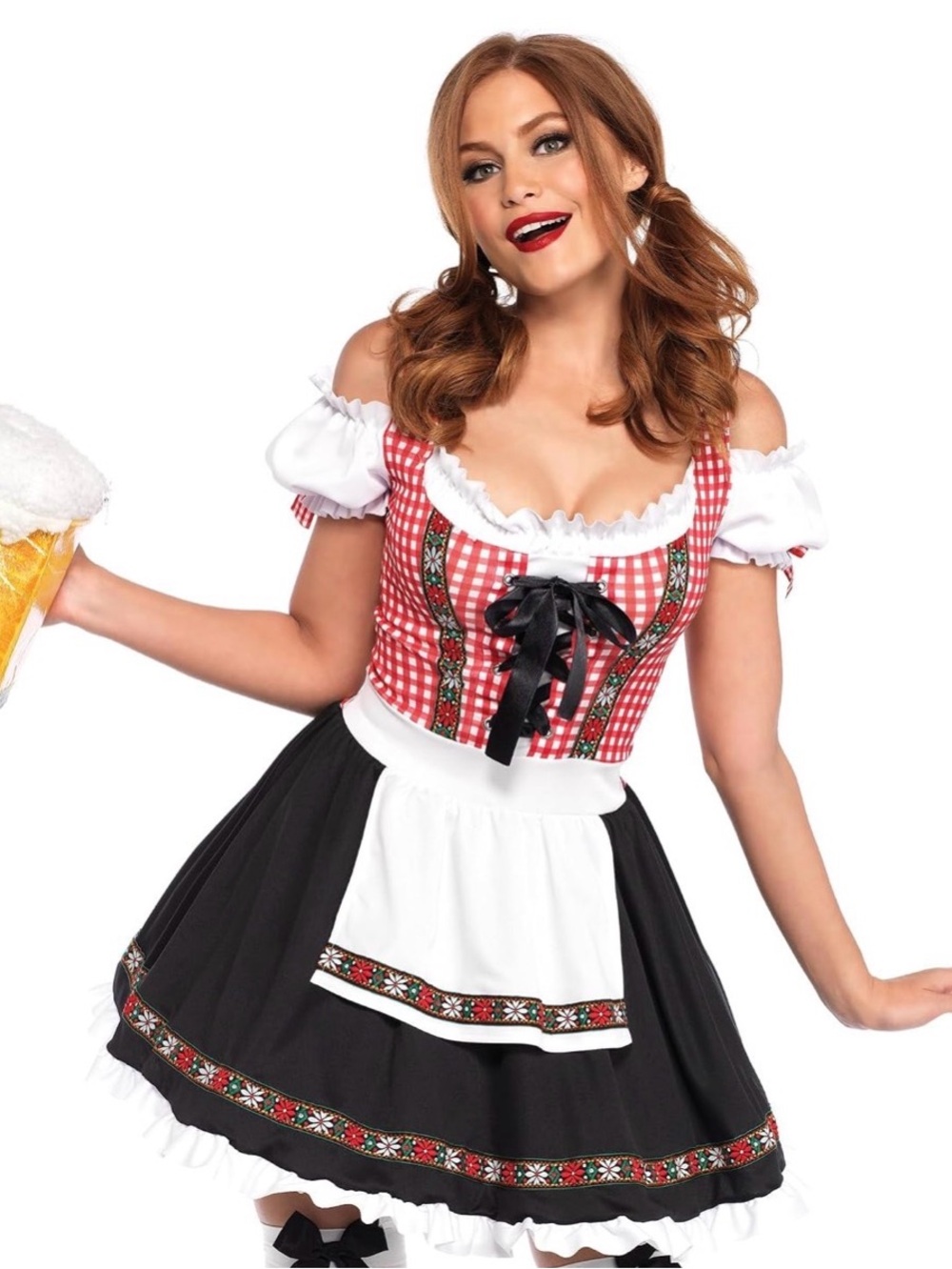 Oktoberfest Dirndl Costume Red Gingham Black Skirt White Apron Womens size Large